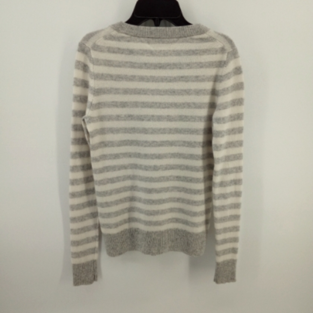 100% Cashmere Gray Ivory Striped Crew Neck Sweater 2 ply C&C California Small - Picture 7 of 8
